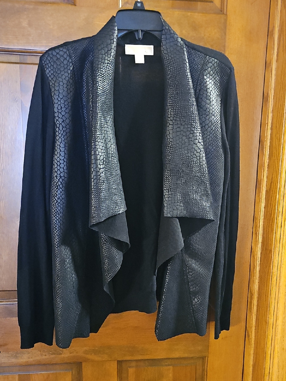 Michael Kors Black Draped Open-Front Cardigan with Textured Trim
